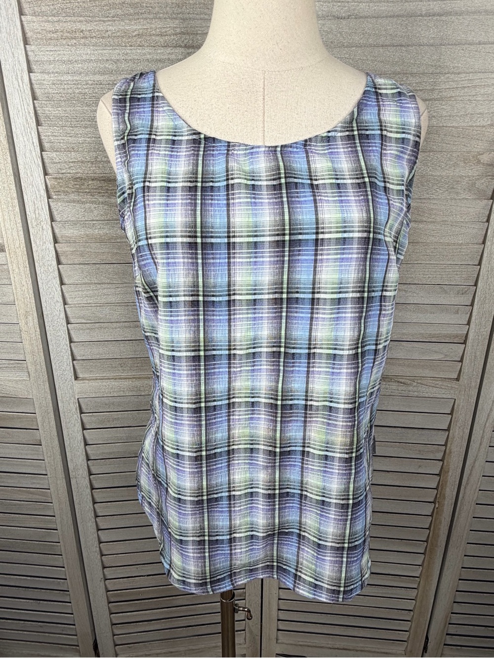 WOOLRICH Women's Preppy Coastal Y2K Blue Plaid Tank Top with Ruched Back-Small